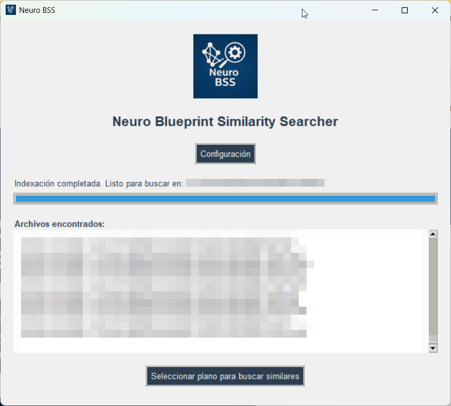 Interfaz de NeuroBSS - Neuro Blueprint Similarity Searcher mostrando la búsqueda de planos similares